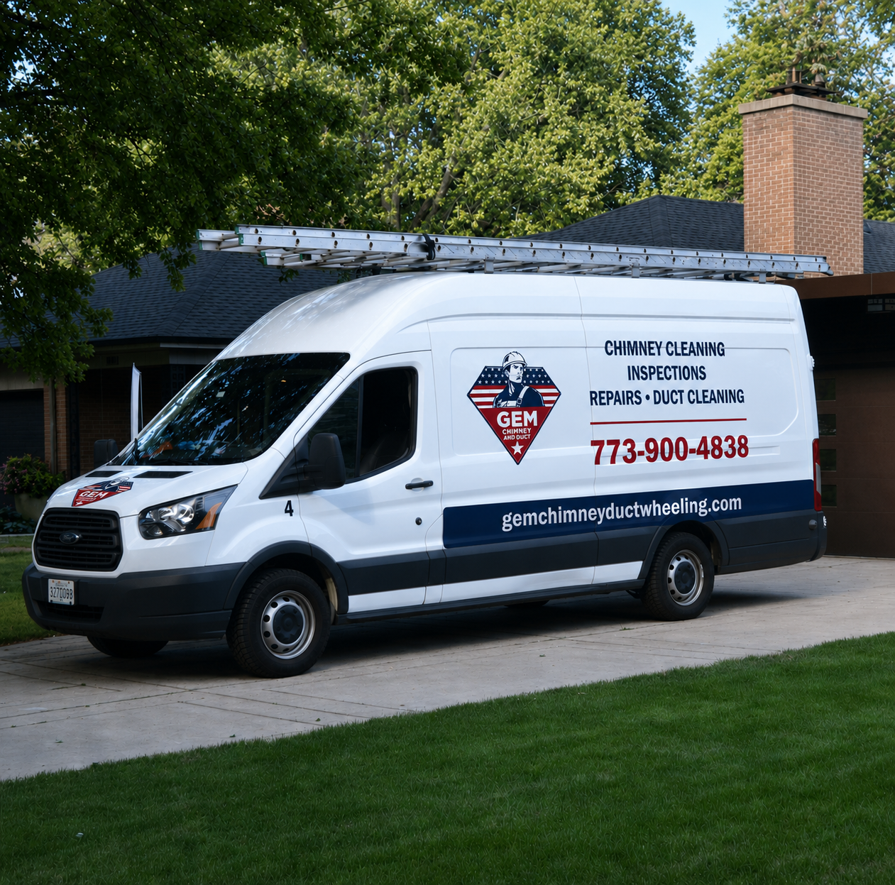 GEM Chimney & Duct service van parked in front of a Wheeling IL home